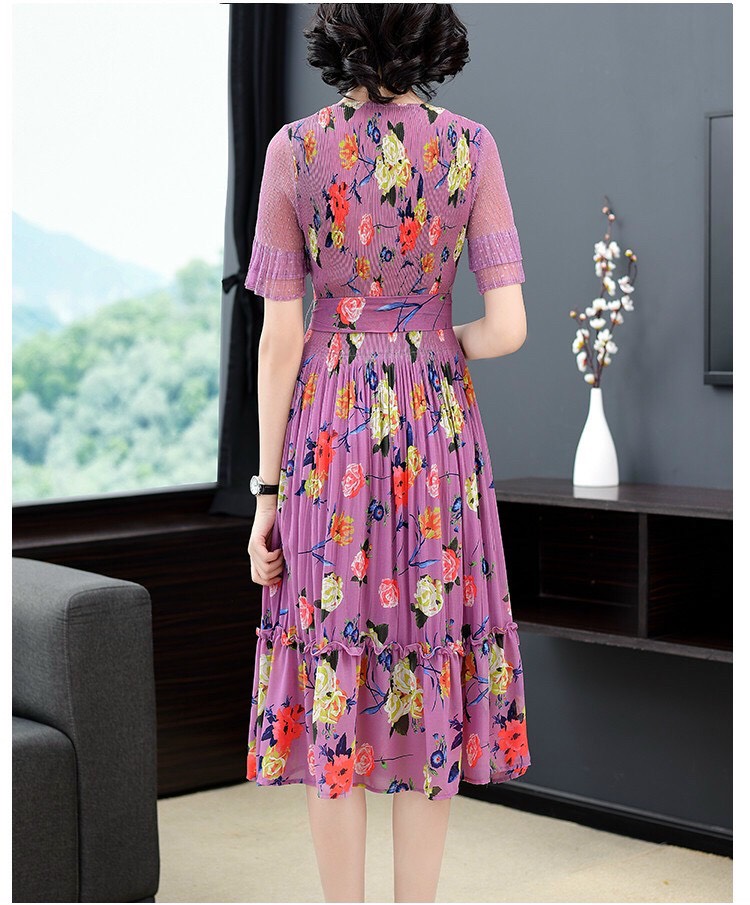 Đầm Dập Ly Hoa Cổ V  Cao Cấp Tím - HN905